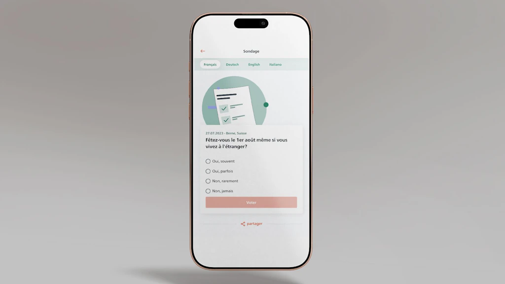 L’image montre un écran de smartphone affichant la fonction de sondage de l’application SwissInTouch.